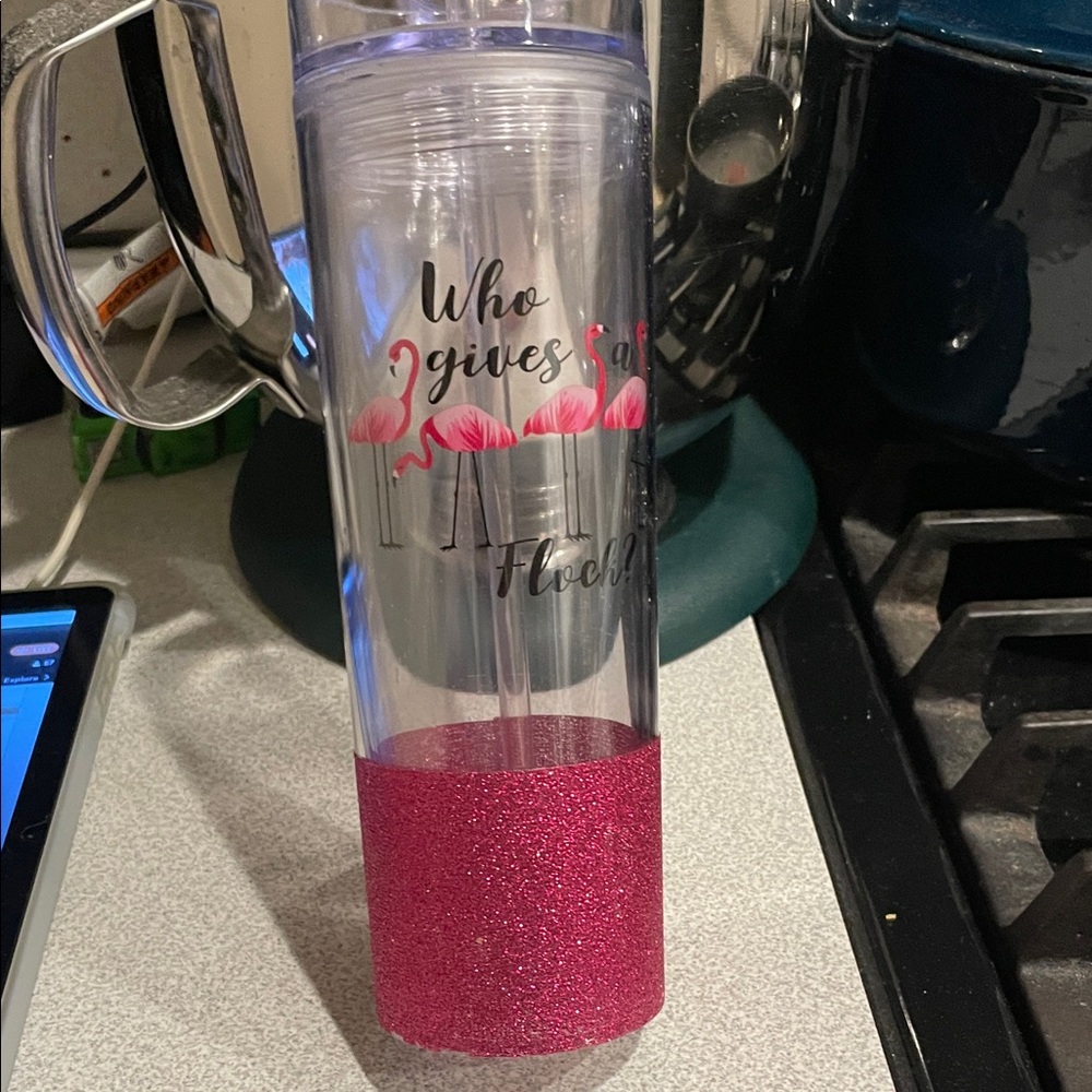 Pink Glitter Flamingo Tumbler With Straw “Who Give a Flock?”